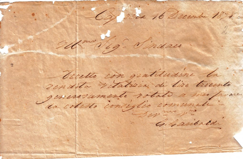 Lettera di ringraziamento di Garibaldi